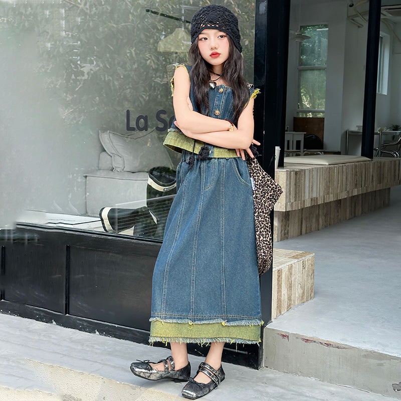 RM150424-29 طقم بناتي جينز صيفي قطعتين ( بلوزة + تنورة )