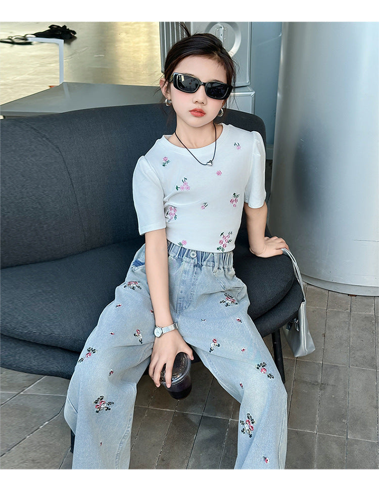 RM150424-35 طقم بناتي صيفي قطعتين ( بلوزة + بنطلون جينز )