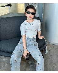 RM150424-35 طقم بناتي صيفي قطعتين ( بلوزة + بنطلون جينز )