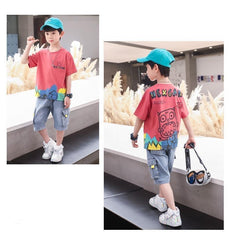 FU14042024-51 طقم ولادي صيفي جينز قطعتين ( بلوزة + بنطلون)