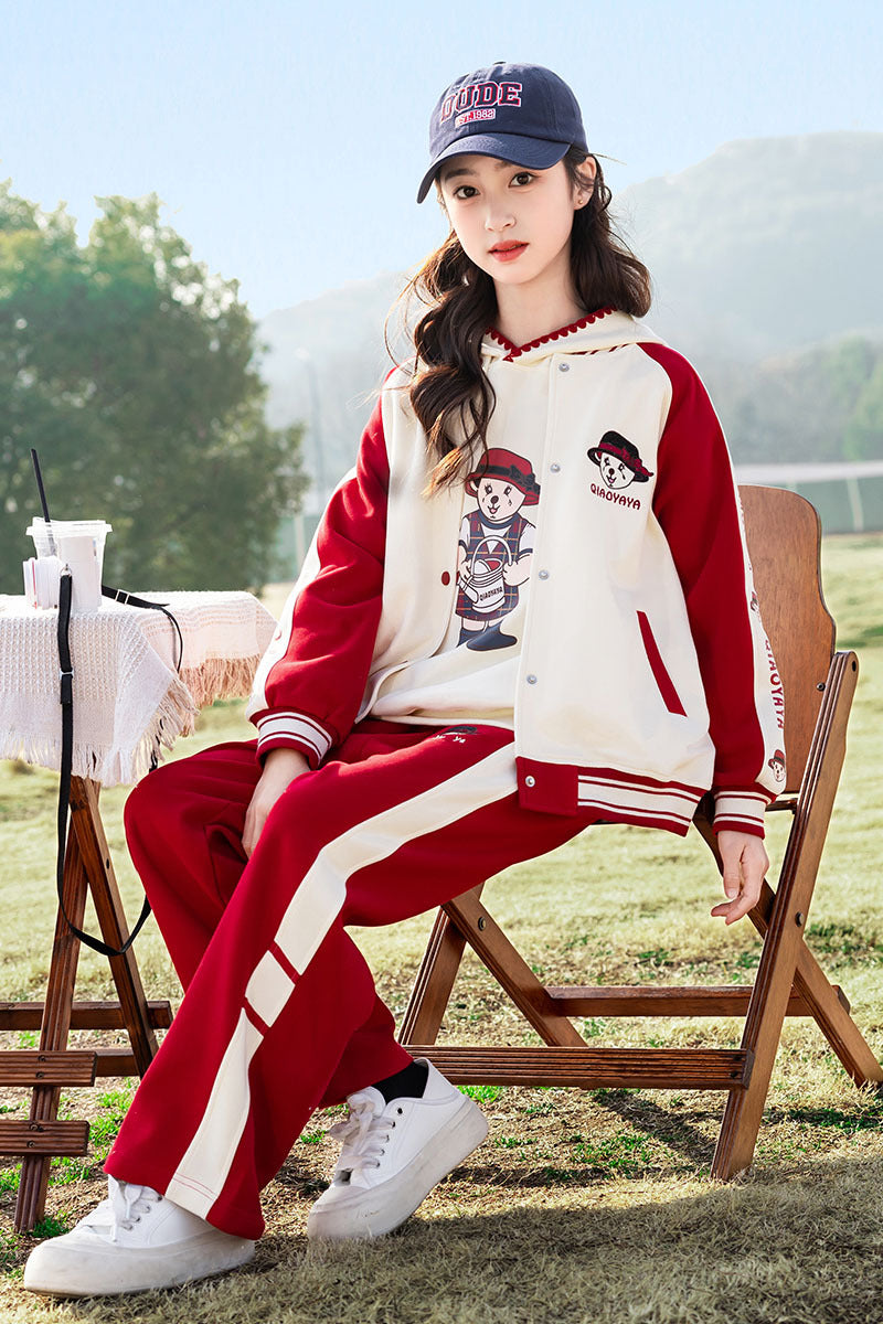 RM090424-3 بدلة سبورت قطني بناتي 3 قطع ( بلوزة + جكيت + بنطلون )