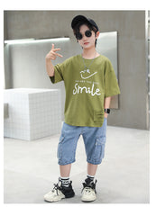 FU14042024-14 طقم ولادي صيفي قطعتين ( بلوزة + بنطلون جينز)