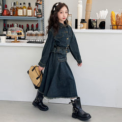 WZH191124-7 طقم جينز قطعتين ( جكيت + تنورة + حزام خصر)