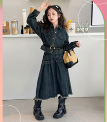 WZH191124-7 طقم جينز قطعتين ( جكيت + تنورة + حزام خصر)