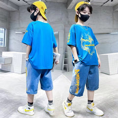 FU14042024-73 طقم ولادي صيفي قطعتين ( بلوزة + بنطلون جينز)