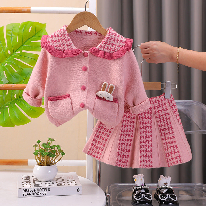 SSX220824-175 طقم بناتي صوف تقيل وناعم شتوي قطعتين ( جكيت + تنورة)