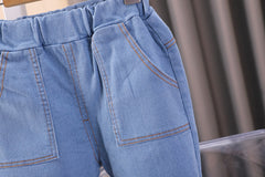 طقم ولادي 3 قطع دبدوب ( قميص + جكيت صوف + بنطلون جينز ) SSX220824-173