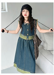 RM150424-29 طقم بناتي جينز صيفي قطعتين ( بلوزة + تنورة )