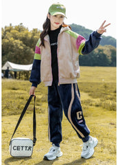 HBC040924-11 طقم بناتي شتوي مخمل مبطن فرو بالكامل بجي قطعتين ( جكيت + بنطلون)