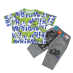 FU14042024-44 طقم ولادي صيفي ( بلوزة قطنية + بنطلون جينز + حزام وسط)