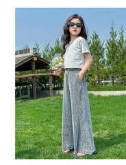 RM150424-36 طقم بناتي صيفي قطعتين ( بلوزة + بنطلون)