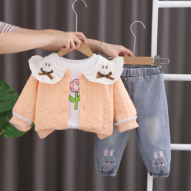 SSN040924-62 طقم بناتي قطن خريفي ربيعي 3 قطع ( جكيت + بلوزة + بنطلون جينز )