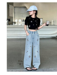 RM150424-35 طقم بناتي صيفي قطعتين ( بلوزة + بنطلون جينز )