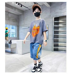 FU14042024-73 طقم ولادي صيفي قطعتين ( بلوزة + بنطلون جينز)