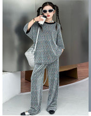 RM150424-32 طقم بناتي بلمع مزين بالبرق قطعتين ( بلوزة + بنطلون)