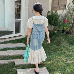 RM150424-34 فستان جينز بناتي مع قميص