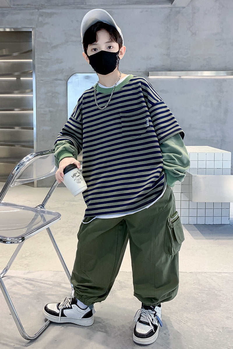 RM1227-43 طقم ولادي خامة تقيلة بجي قطعتين ( بلوزة قطنية + بنطلون كتان)