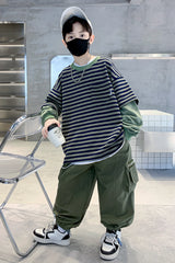 RM1227-43 طقم ولادي خامة تقيلة بجي قطعتين ( بلوزة قطنية + بنطلون كتان)