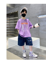 FU14042024-66 طقم ولادي صيفي قعطتين ( بلوز + بنطلون جينز)