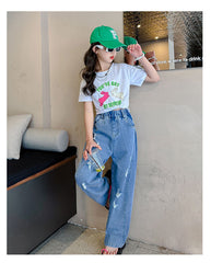 FU14042024-22 طقم بناتي صيفي قطعتين ( بلوزة قطنية + بنطلون جينز)