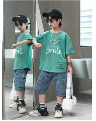 FU14042024-14 طقم ولادي صيفي قطعتين ( بلوزة + بنطلون جينز)