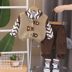 SSX220824-138 طقم ولادي خريفي ربيعي 3 قطع ( قميص + فست صوف + بنطلون كتان)