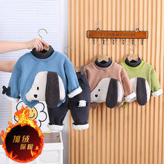 SSX220824-36 طقم ولادي شتوي تقيل مبطن فرو بالكامل قطعتين ( بلوزة + بنطلون)