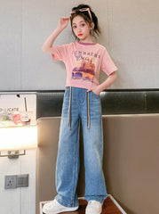 FU14042024-17 طقم بناتي قطعتين ( بلوزة + بنطلون جينز)