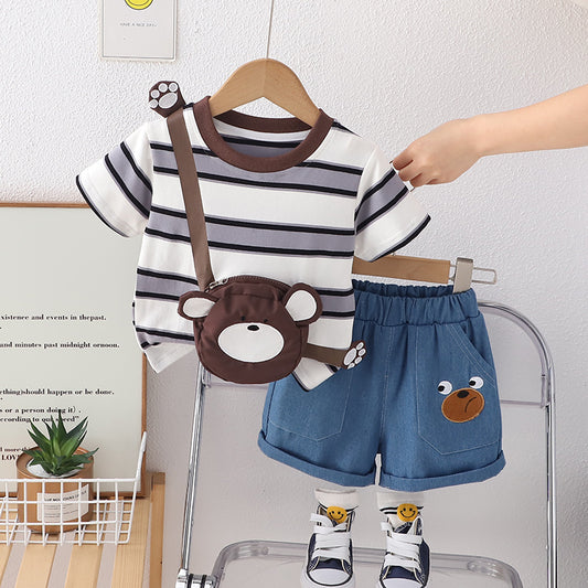 SSX220824-33 طقم صيفي قطعتين ( بلوزة بحقيبة قماش + شورت)