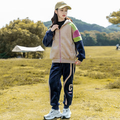 HBC040924-11 طقم بناتي شتوي مخمل مبطن فرو بالكامل بجي قطعتين ( جكيت + بنطلون)