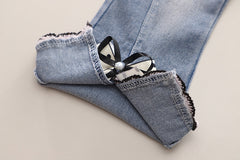 SSN040924-46 طقم جينز بناتي خريفي ربيعي 3 قطع ( بلوزة صوف + بلوزة قطنية + بنطلون جينز )