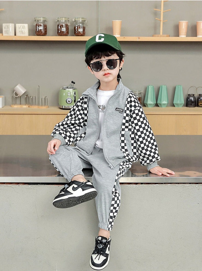 RM1227-45  بدلة رياضية شطرنج قطنية مميزة تتكون من قطعتين ( جكيت + بنطلون)