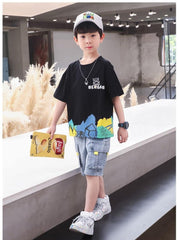 FU14042024-51 طقم ولادي صيفي جينز قطعتين ( بلوزة + بنطلون)