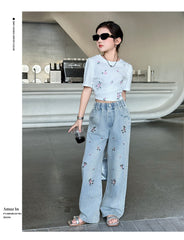 RM150424-35 طقم بناتي صيفي قطعتين ( بلوزة + بنطلون جينز )