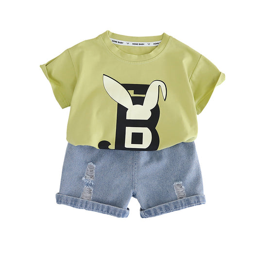 SSX220824-1 طقم ولادي قطعتين نخب اول ( بلوزة قطنية + شورت جينز )