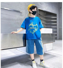 FU14042024-73 طقم ولادي صيفي قطعتين ( بلوزة + بنطلون جينز)