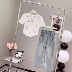 RM150424-35 طقم بناتي صيفي قطعتين ( بلوزة + بنطلون جينز )