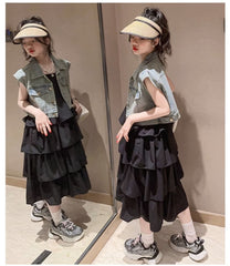 RM150424-25 فستان صيفي طبقات + فست جينز ناعم