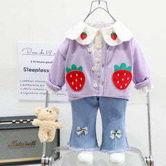 AO0508-215 طقم بناتي 3 قطع ( قميص + جكيت + بنطلون جينز )