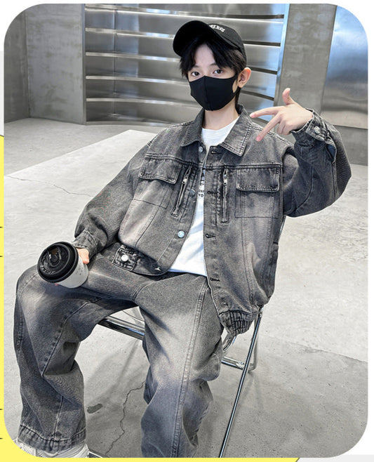 WZH301124-34 طقم ولادي جينز قطعتين ( جكيت + بنطلون)