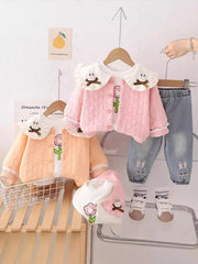 SSN040924-62 طقم بناتي قطن خريفي ربيعي 3 قطع ( جكيت + بلوزة + بنطلون جينز )