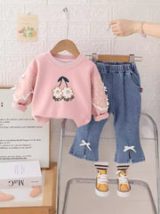 SSN040924-60 طقم بناتي خريفي ربيعي قطعتين ( بلوزة + بنطلون جينز)