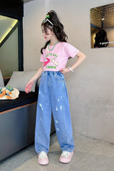 FU14042024-22 طقم بناتي صيفي قطعتين ( بلوزة قطنية + بنطلون جينز)