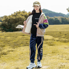 HBC040924-11 طقم بناتي شتوي مخمل مبطن فرو بالكامل بجي قطعتين ( جكيت + بنطلون)