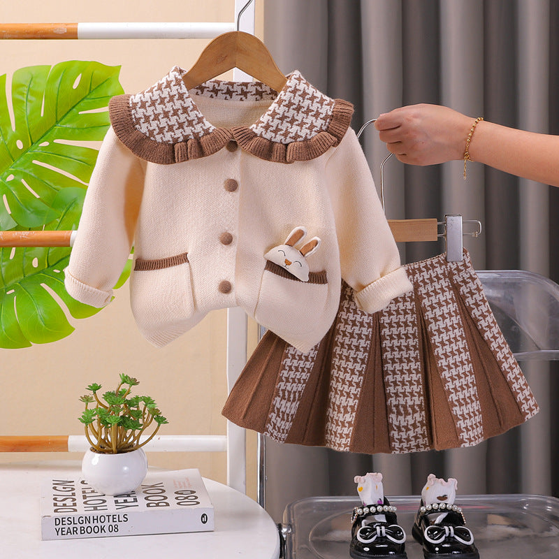 SSX220824-175 طقم بناتي صوف تقيل وناعم شتوي قطعتين ( جكيت + تنورة)