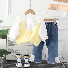 RM0608-21 طقم بناتي 3 قطع ( قميص + فست صوف مورد+ بنطلون جينز )