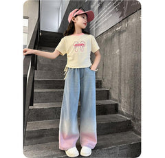 RM150424-31 طقم بناتي جينز صيفي قطعتين ( بلوزة + تنورة )