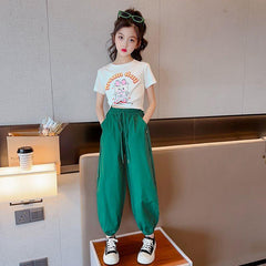 FU14042024-24 طقم بناتي صيفي قطعتين ( بلوزة + بنطلون)