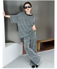 RM150424-32 طقم بناتي بلمع مزين بالبرق قطعتين ( بلوزة + بنطلون)