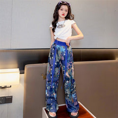 FU14042024-18 طقم بناتي صيفي قطعتين ( بلوزة + بنطلون)